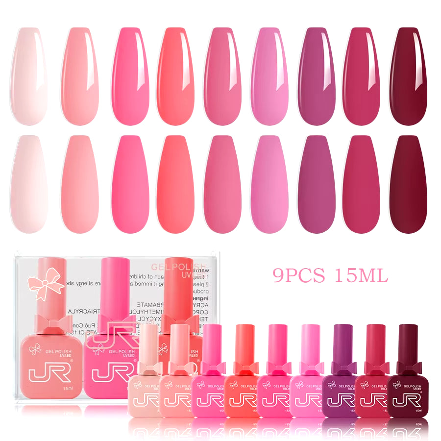 9Pcs 15Ml Gel Nail Polish Set Including Red Pink Nude Gel Polish Kit UV LED Soak off Polish Home DIY Top Coat Base Coat Gifts