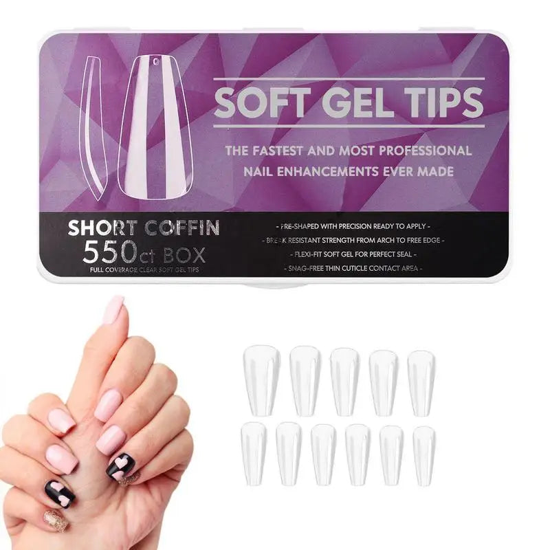 Kit de uñas de gel, 550 piezas, puntas de uñas de gel suave, cobertura transparente, extensiones de uñas completas, puntas de uñas postizas de gel acrílicas preformadas de ataúd mediano